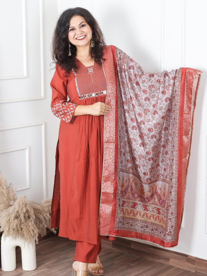Masakkali Barn Rust in Thread Work with Mirror in Front Gathered Roman Silk 3 Piece Set