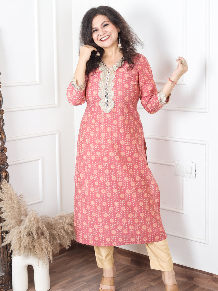 Sohni Soft Peach Blush V Neck with Embellish Mirror Lace and Foil Work Printed Modal Kurti