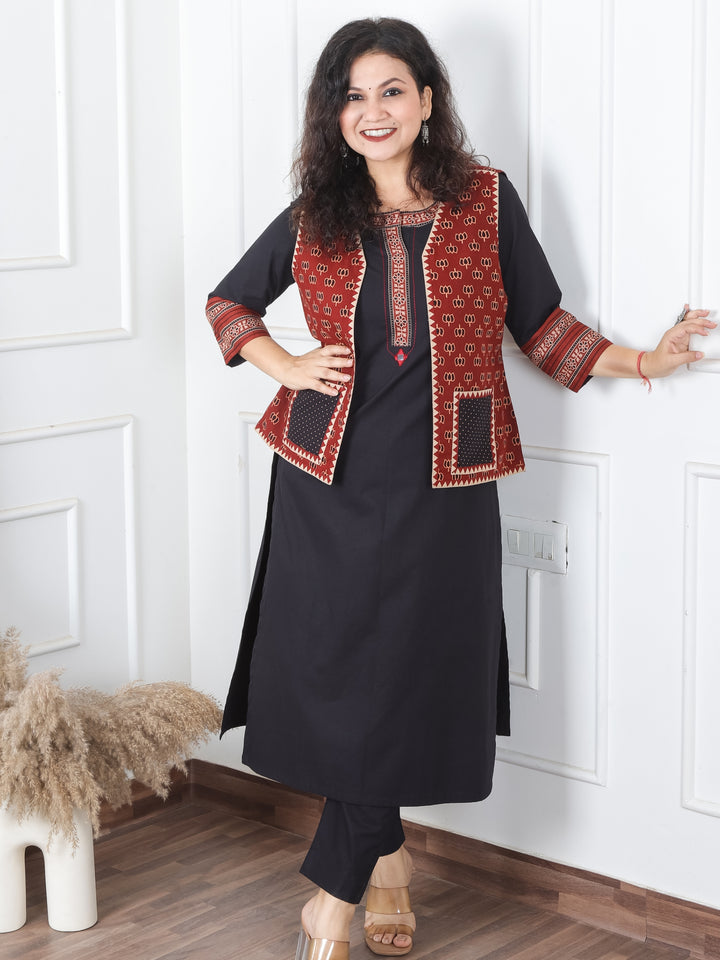 Sejal Maroon Red Lotus Printed Cotton Jacket with Pocket