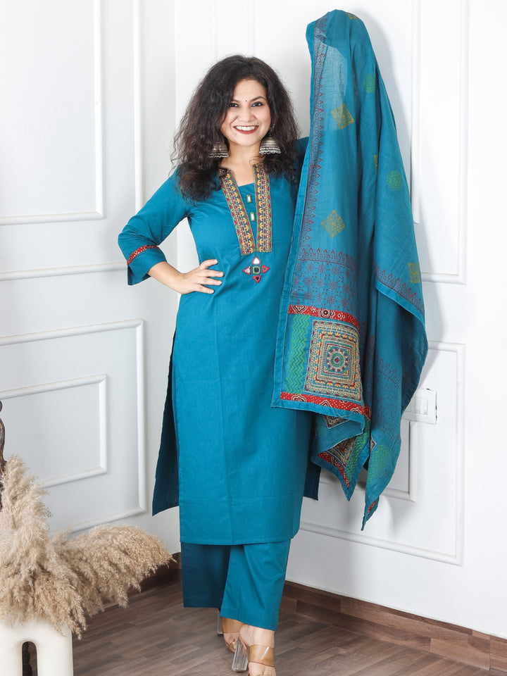 Satvi Dark Teal Blue Embroidered Patch with Mirror Work Cotton 3 Piece Set
