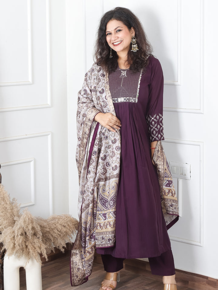 Masakkali Raisin Purple Thread Work with Mirror in Front Gathered Roman Silk 3 Piece Set