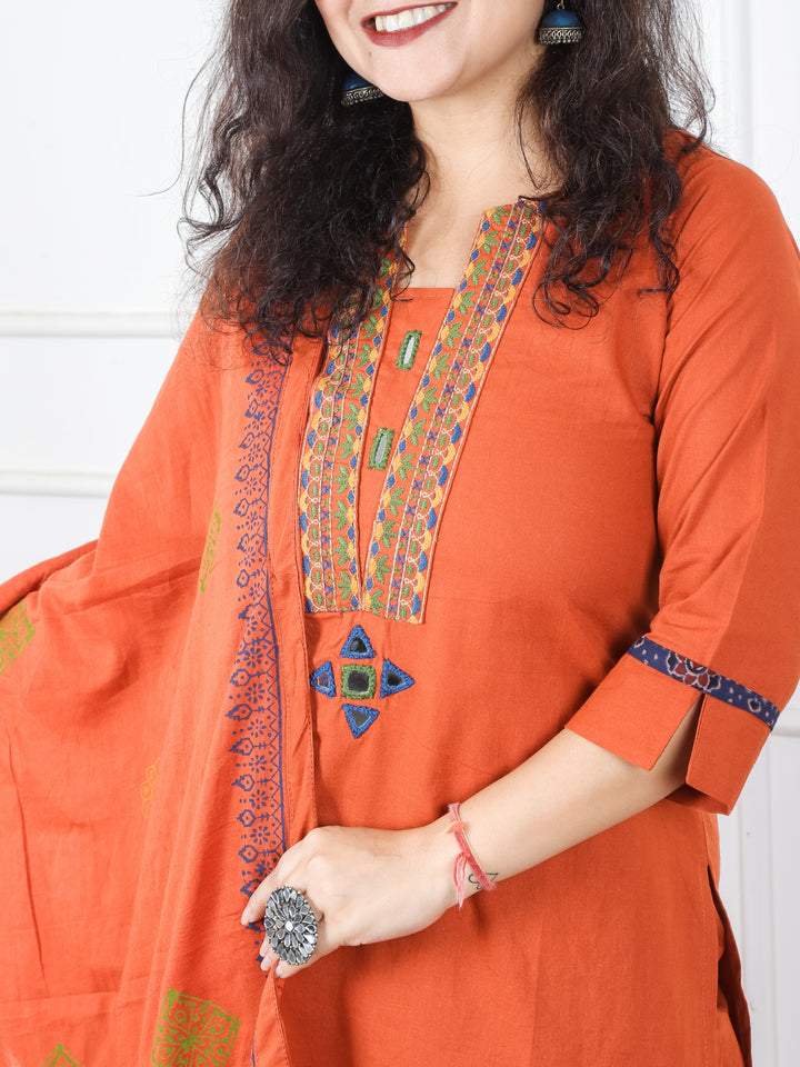 Satvi Rust Orange Embroidered Patch with Mirror Work Cotton 3 Piece Set