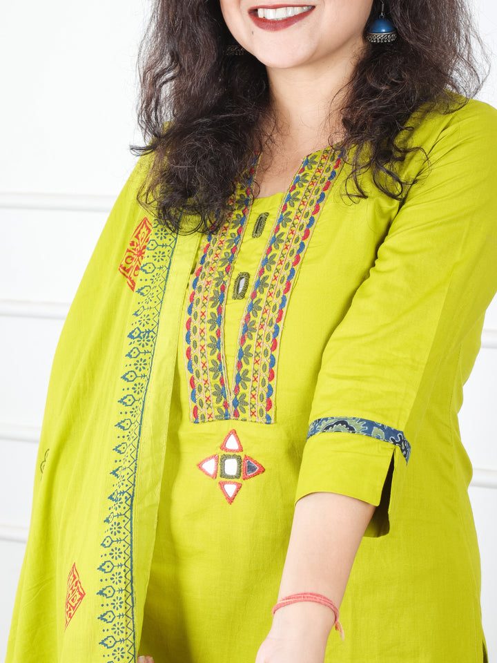 Satvi Lemon Mint Green Blue Embroidered Patch with Mirror Work Cotton 3 Piece Set