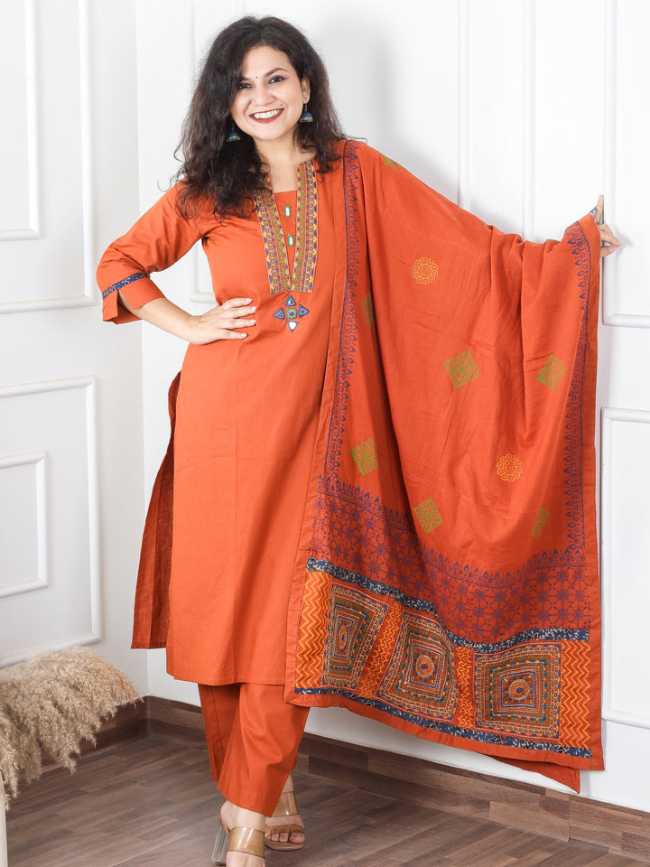 Satvi Rust Orange Embroidered Patch with Mirror Work Cotton 3 Piece Set