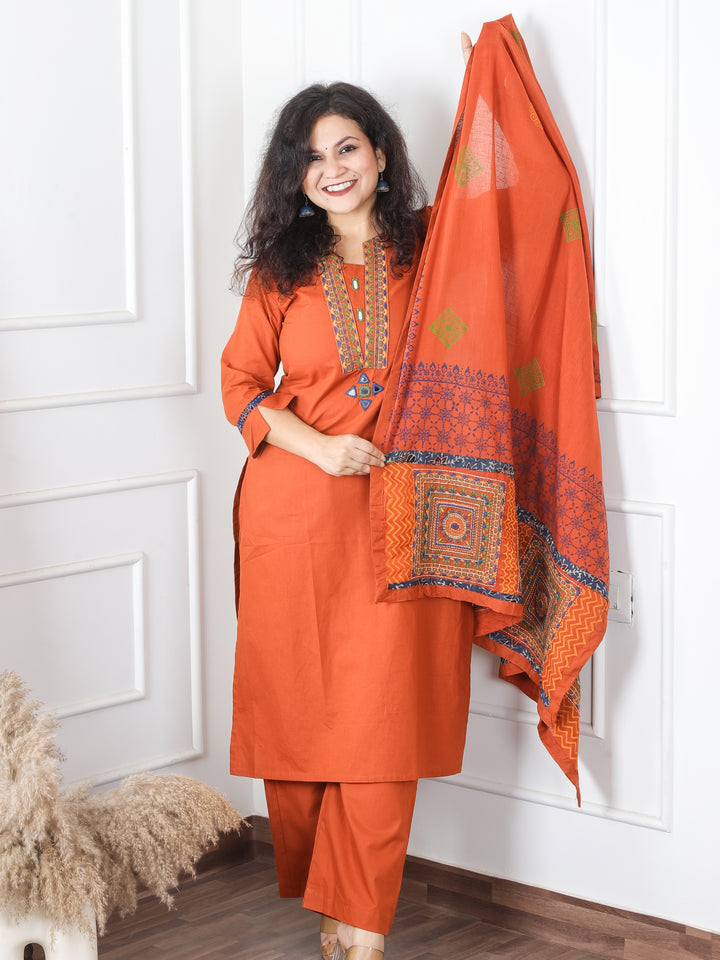 Satvi Rust Orange Embroidered Patch with Mirror Work Cotton 3 Piece Set