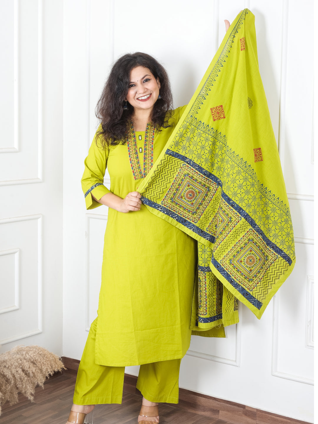 Satvi Lemon Mint Green Blue Embroidered Patch with Mirror Work Cotton 3 Piece Set