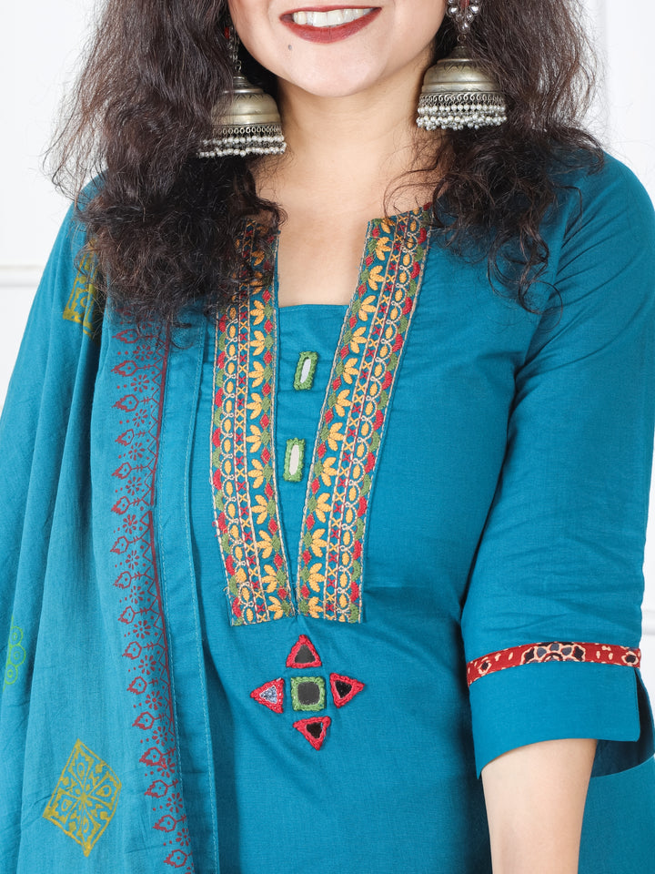 Satvi Dark Teal Blue Embroidered Patch with Mirror Work Cotton 3 Piece Set