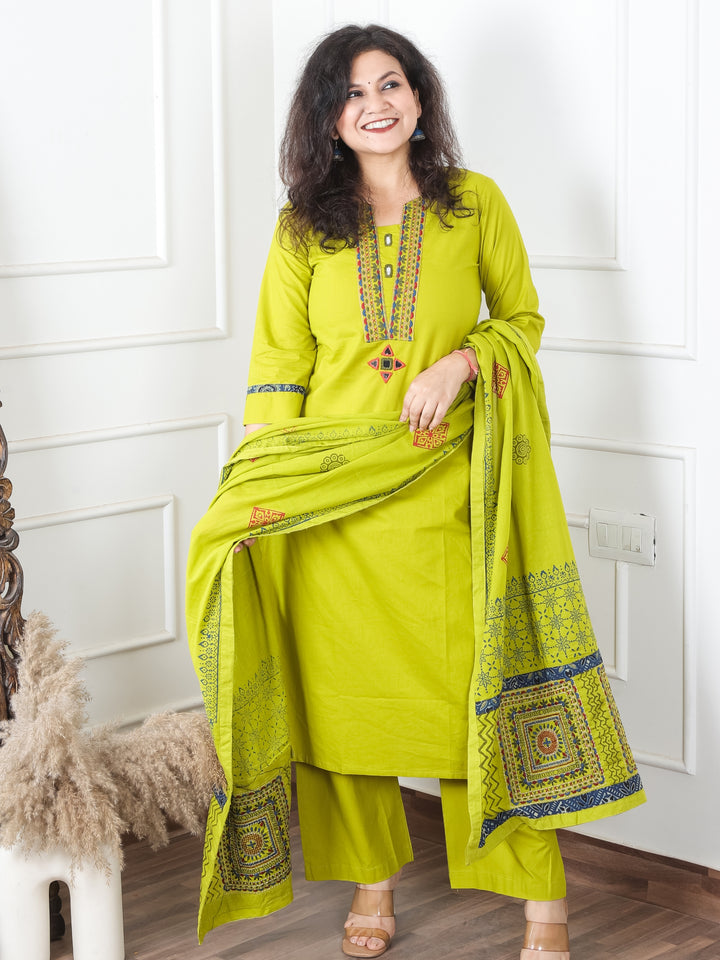 Satvi Lemon Mint Green Blue Embroidered Patch with Mirror Work Cotton 3 Piece Set