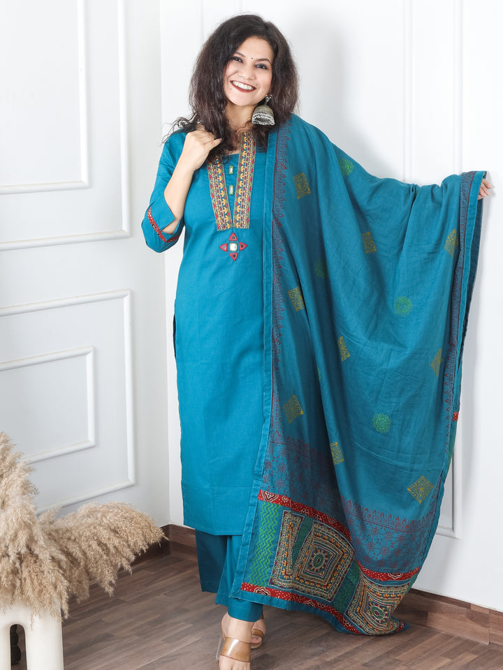 Satvi Dark Teal Blue Embroidered Patch with Mirror Work Cotton 3 Piece Set