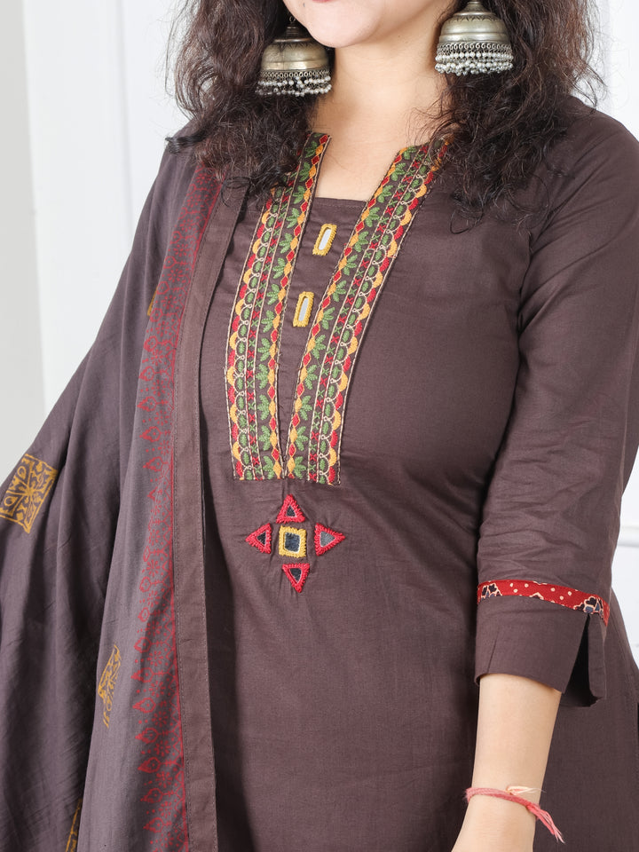 Satvi Taupe Tan Embroidered Patch with Mirror Work Cotton 3 Piece Set