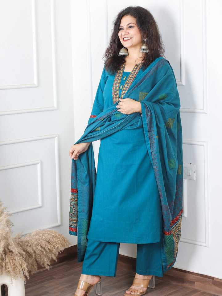 Satvi Dark Teal Blue Embroidered Patch with Mirror Work Cotton 3 Piece Set