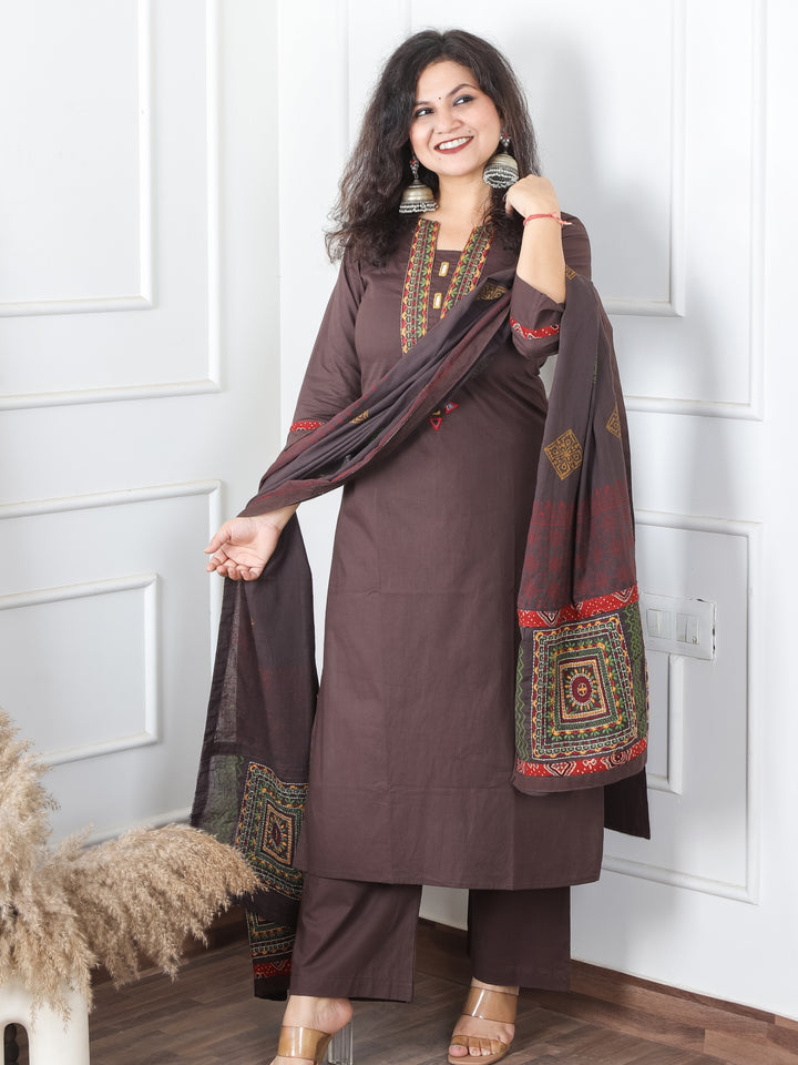 Satvi Taupe Tan Embroidered Patch with Mirror Work Cotton 3 Piece Set