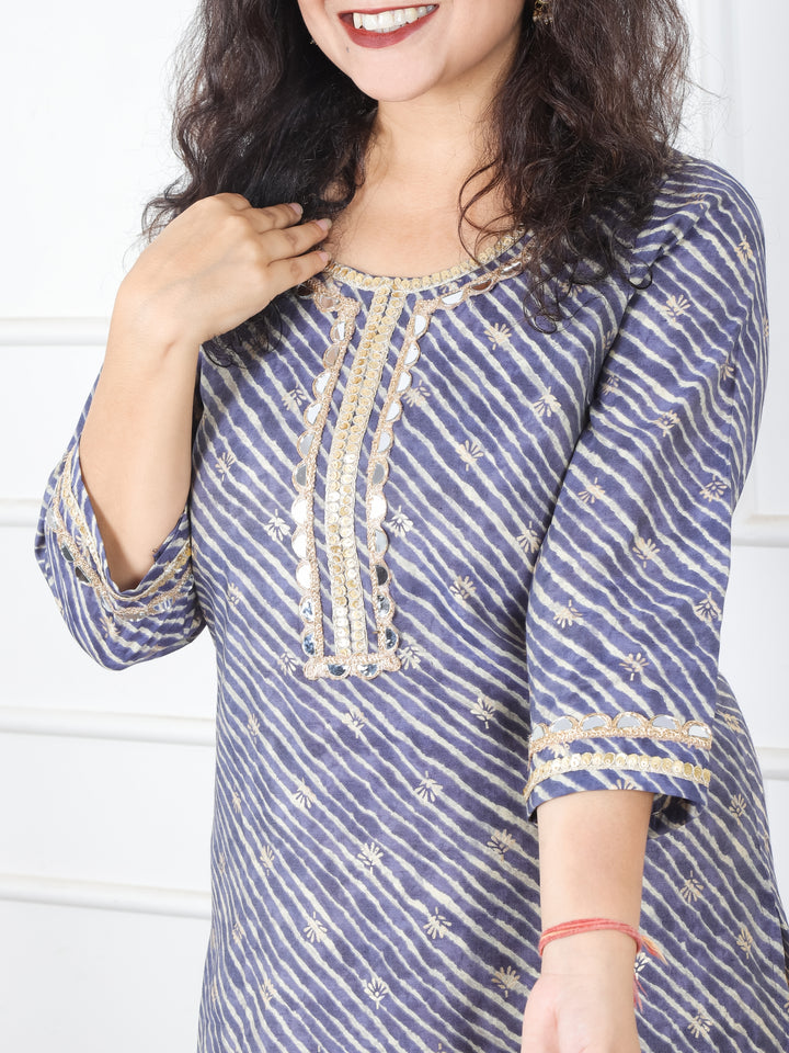 Anika Fossil Grey Round Neck with Mirror Lace and Foil Work Leheriya Modal Kurti