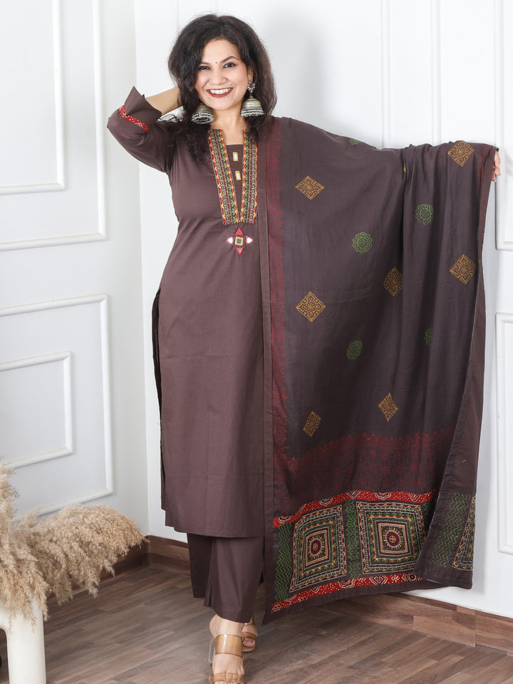 Satvi Taupe Tan Embroidered Patch with Mirror Work Cotton 3 Piece Set