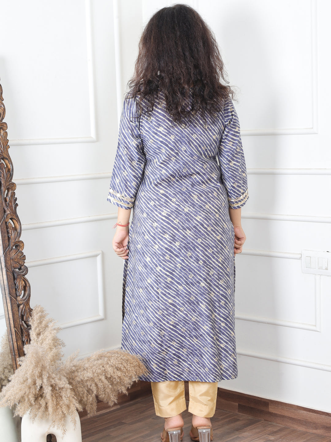 Anika Fossil Grey Round Neck with Mirror Lace and Foil Work Leheriya Modal Kurti