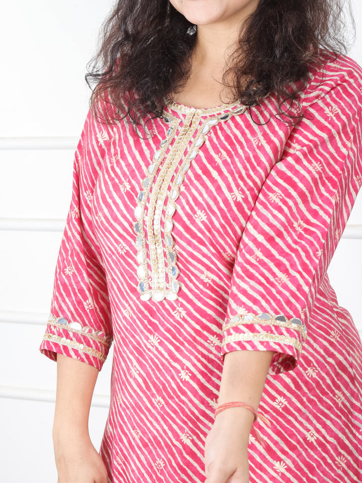 Anika Cranberry Pink Round Neck with Mirror Lace and Foil Work Leheriya Modal Kurti