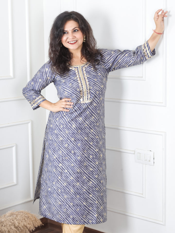 Anika Fossil Grey Round Neck with Mirror Lace and Foil Work Leheriya Modal Kurti