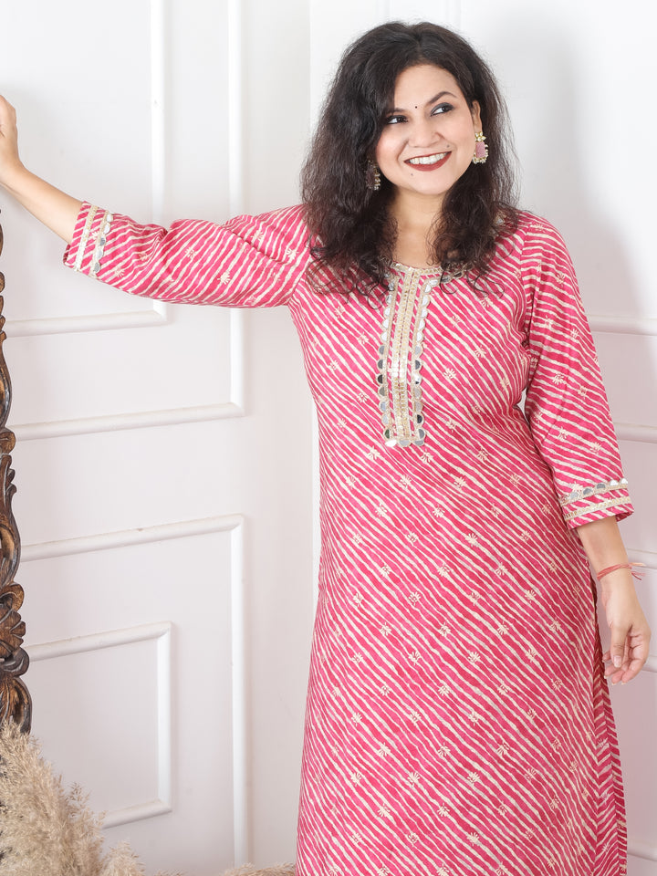 Anika Cranberry Pink Round Neck with Mirror Lace and Foil Work Leheriya Modal Kurti