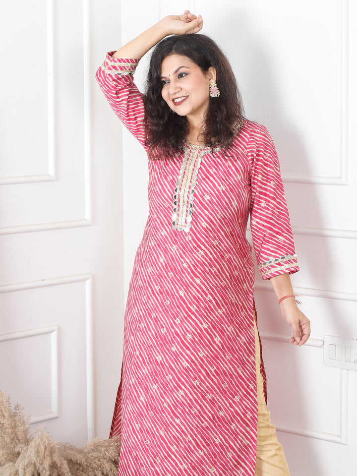 Anika Cranberry Pink Round Neck with Mirror Lace and Foil Work Leheriya Modal Kurti