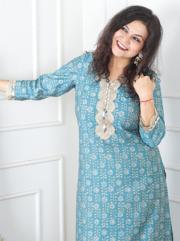 Sohni Turq Teal V Neck with Embellish Mirror Lace and Foil Work Printed Modal Kurti