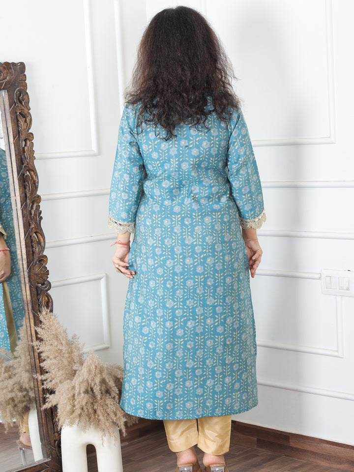 Sohni Turq Teal V Neck with Embellish Mirror Lace and Foil Work Printed Modal Kurti