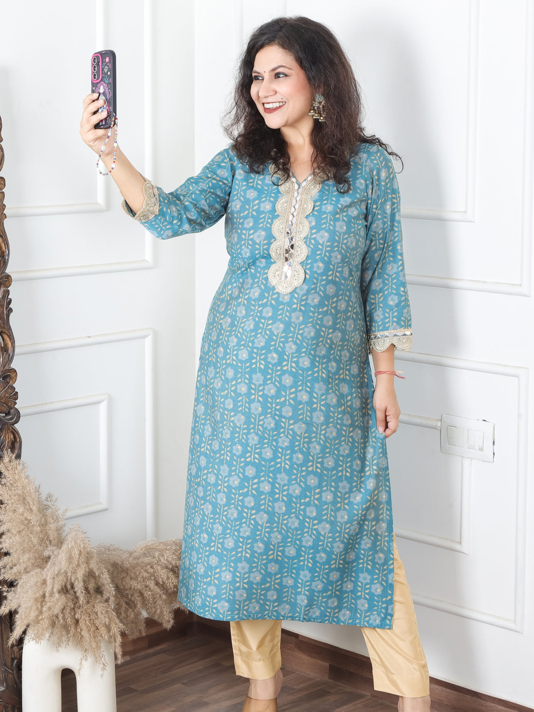 Sohni Turq Teal V Neck with Embellish Mirror Lace and Foil Work Printed Modal Kurti