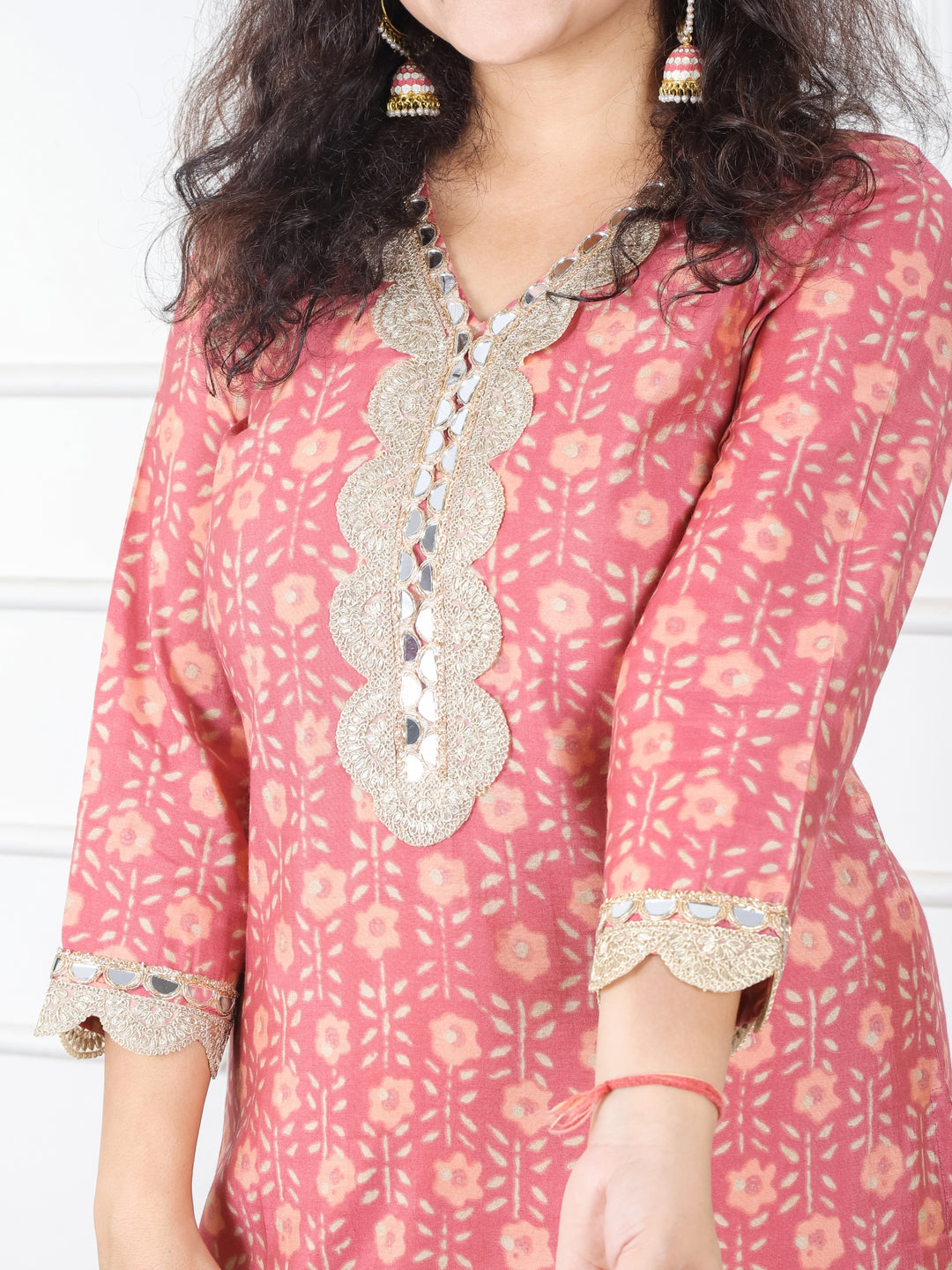 Sohni Soft Peach Blush V Neck with Embellish Mirror Lace and Foil Work Printed Modal Kurti