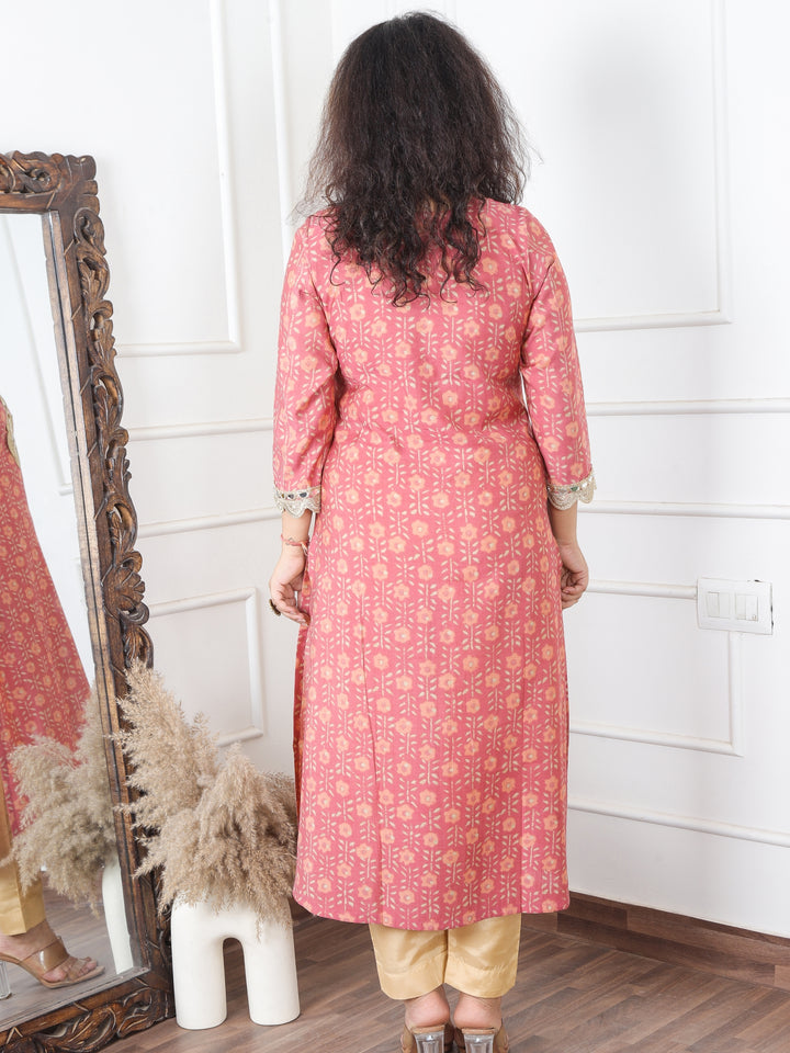 Sohni Soft Peach Blush V Neck with Embellish Mirror Lace and Foil Work Printed Modal Kurti