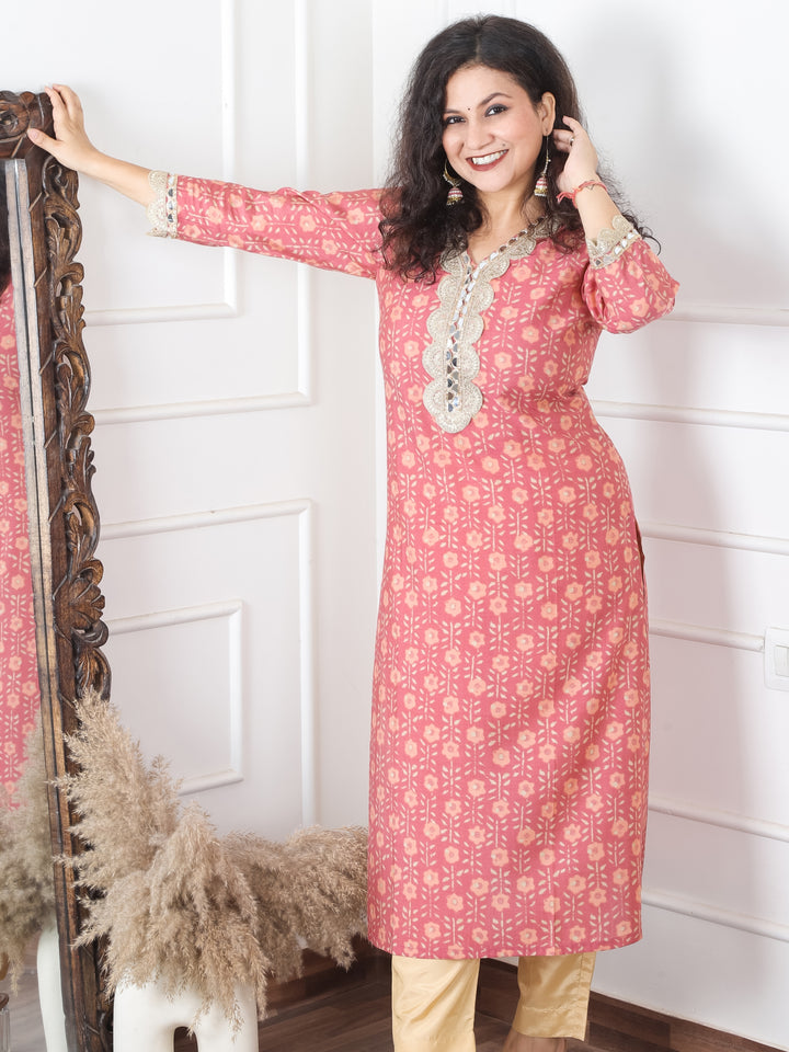 Sohni Soft Peach Blush V Neck with Embellish Mirror Lace and Foil Work Printed Modal Kurti