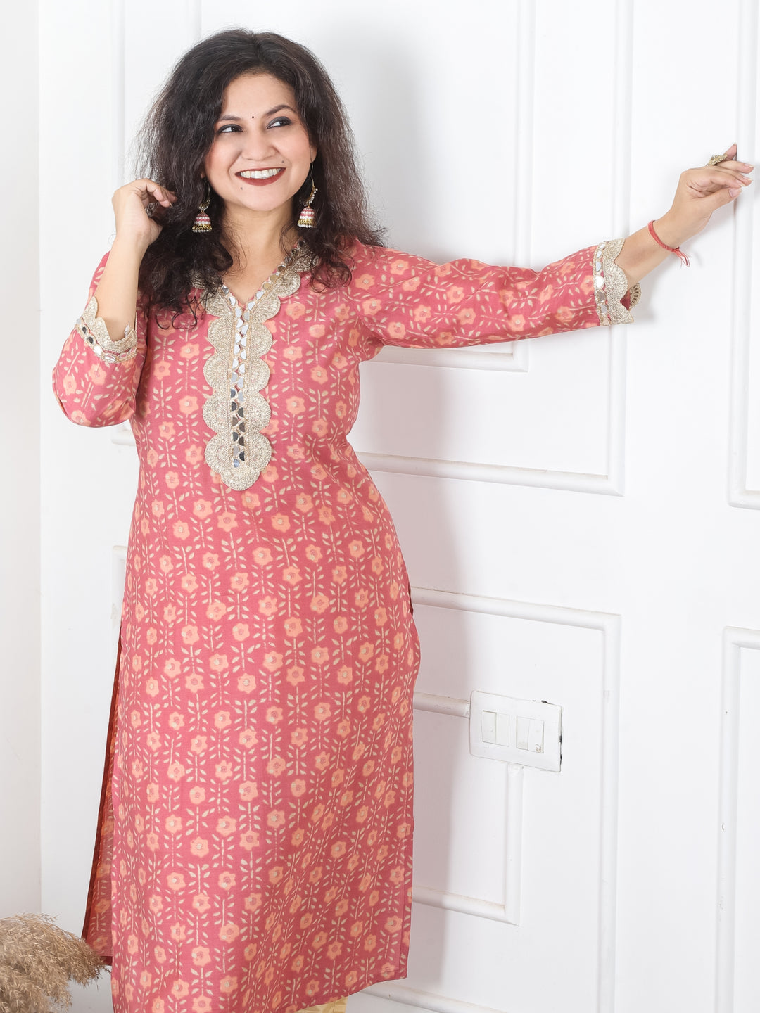 Sohni Soft Peach Blush V Neck with Embellish Mirror Lace and Foil Work Printed Modal Kurti