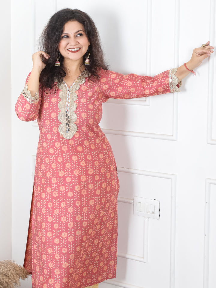 Sohni Soft Peach Blush V Neck with Embellish Mirror Lace and Foil Work Printed Modal Kurti