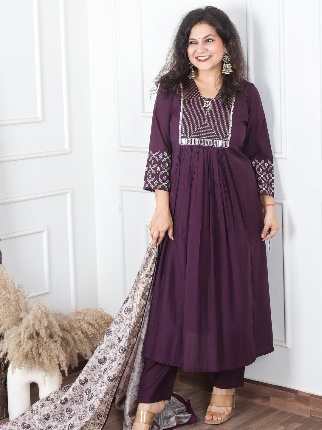 Masakkali Raisin Purple Thread Work with Mirror in Front Gathered Roman Silk 3 Piece Set
