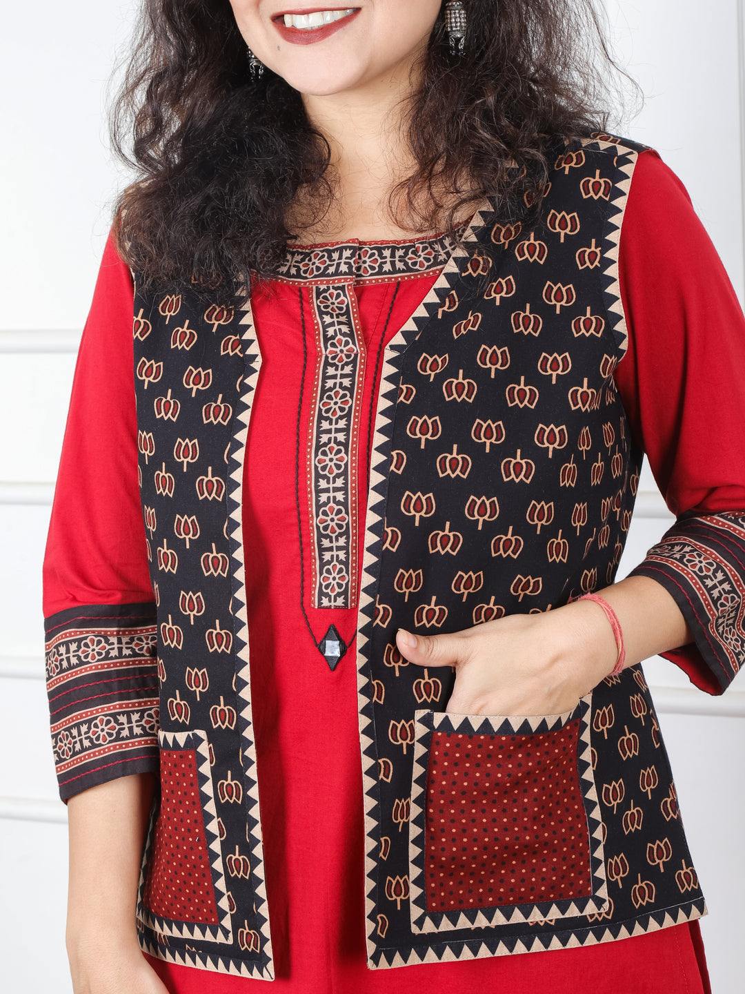 Sejal Ebony Black Lotus Printed Cotton Jacket with Pocket