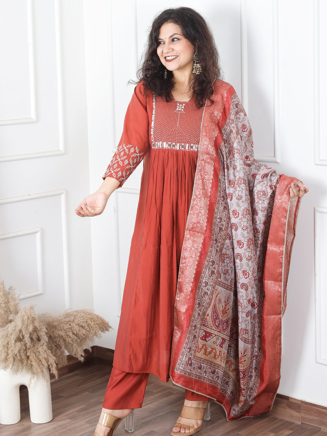 Masakkali Barn Rust in Thread Work with Mirror in Front Gathered Roman Silk 3 Piece Set