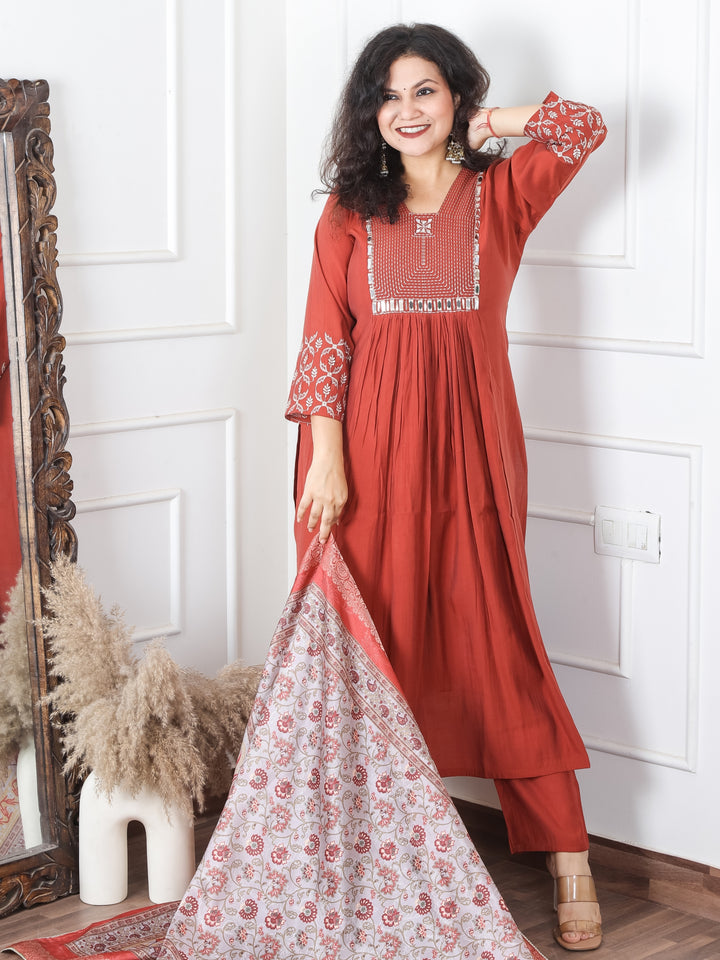 Masakkali Barn Rust in Thread Work with Mirror in Front Gathered Roman Silk 3 Piece Set