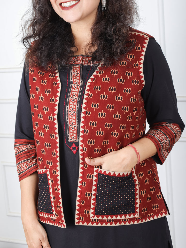 Sejal Maroon Red Lotus Printed Cotton Jacket with Pocket