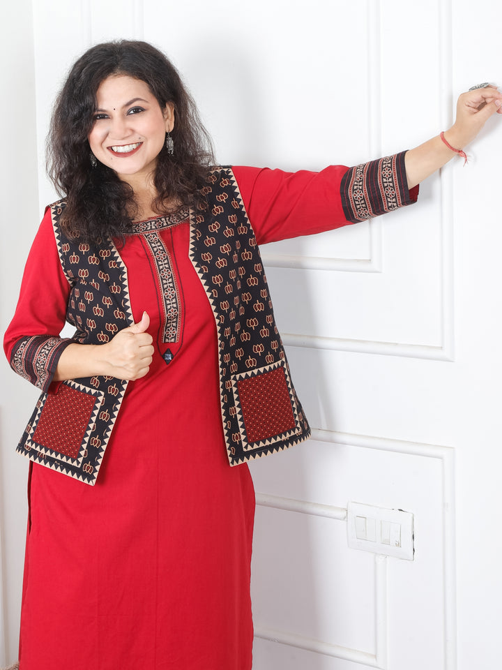 Sejal Ebony Black Lotus Printed Cotton Jacket with Pocket
