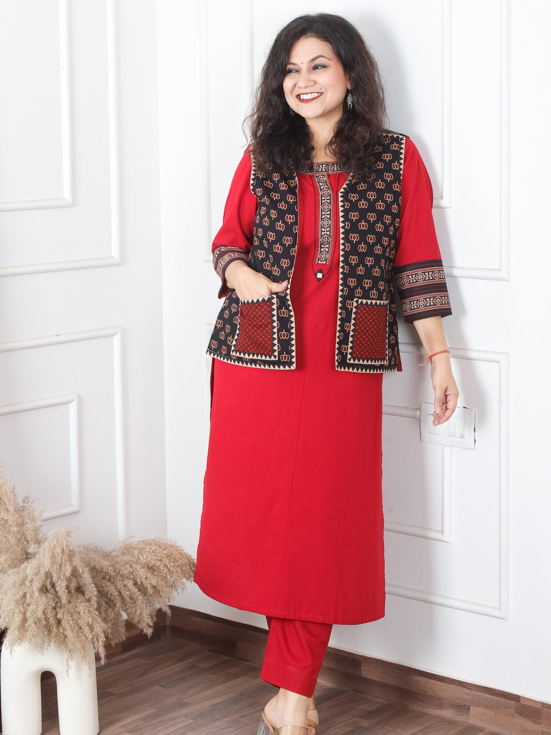 Sejal Ebony Black Lotus Printed Cotton Jacket with Pocket