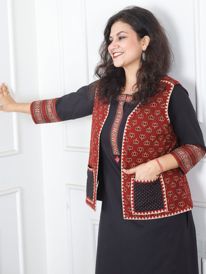 Sejal Maroon Red Lotus Printed Cotton Jacket with Pocket