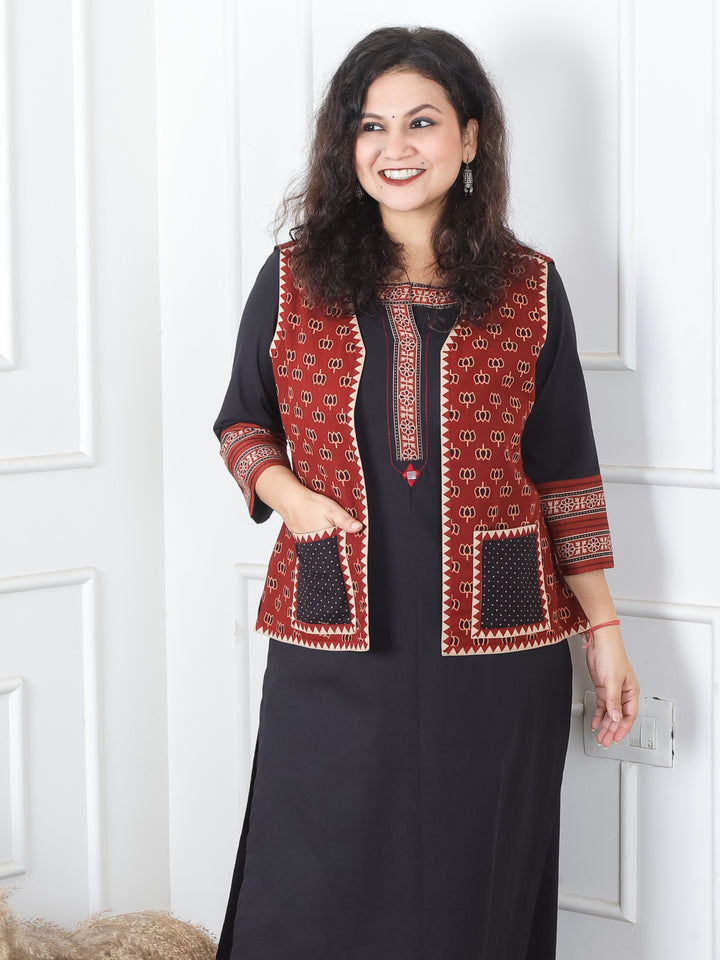 Sejal Maroon Red Lotus Printed Cotton Jacket with Pocket