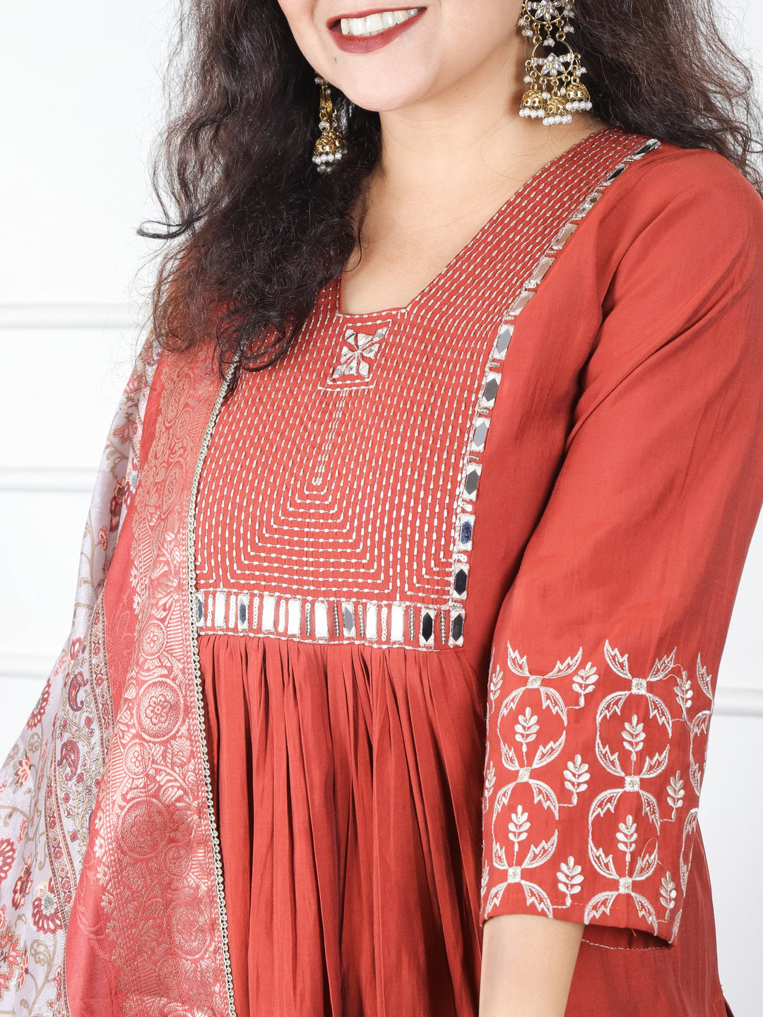 Masakkali Barn Rust in Thread Work with Mirror in Front Gathered Roman Silk 3 Piece Set