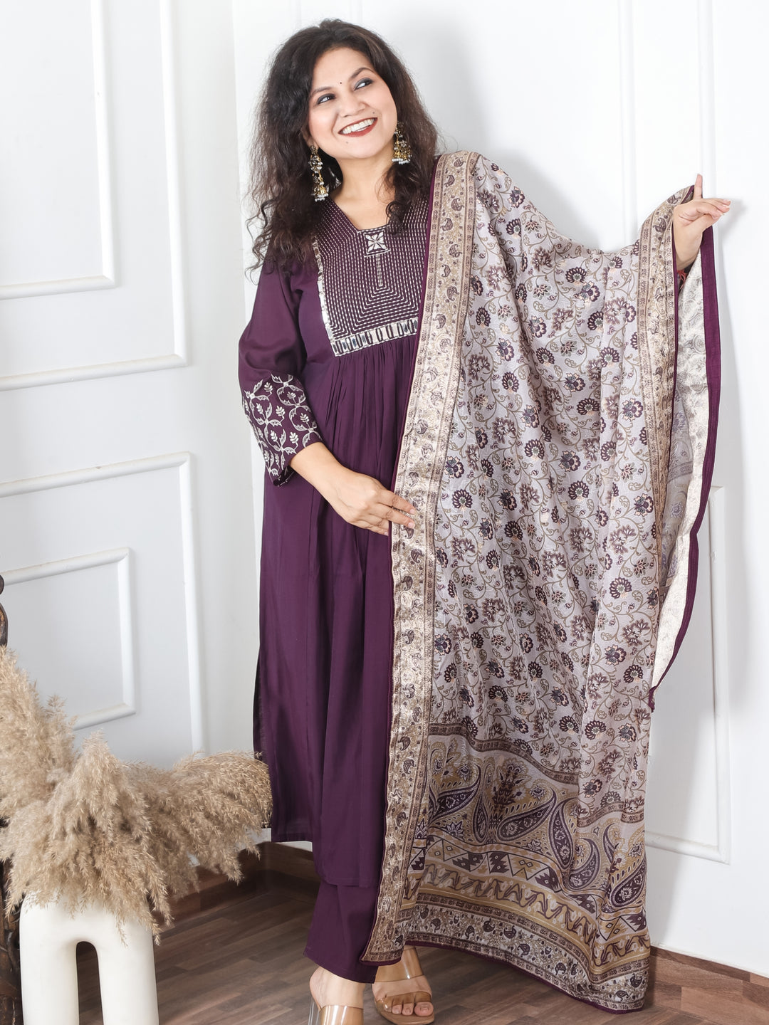 Masakkali Raisin Purple Thread Work with Mirror in Front Gathered Roman Silk 3 Piece Set