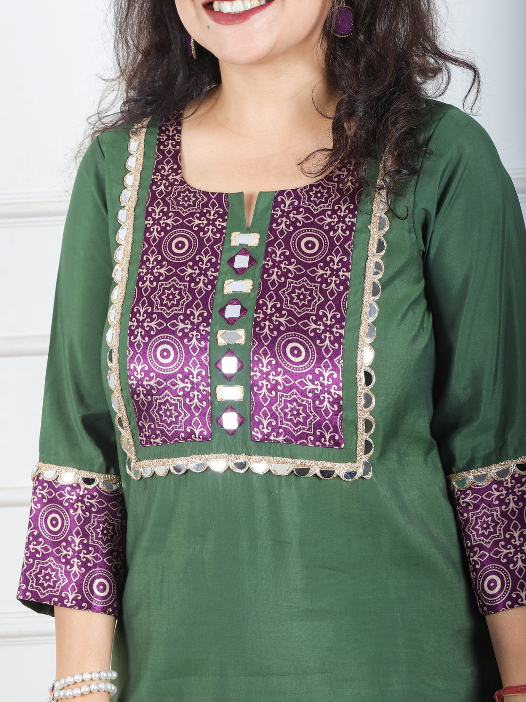 Mayuri Dark Green  Mashru Patch Work Neck with Mirror Lace Roman Silk Kurti
