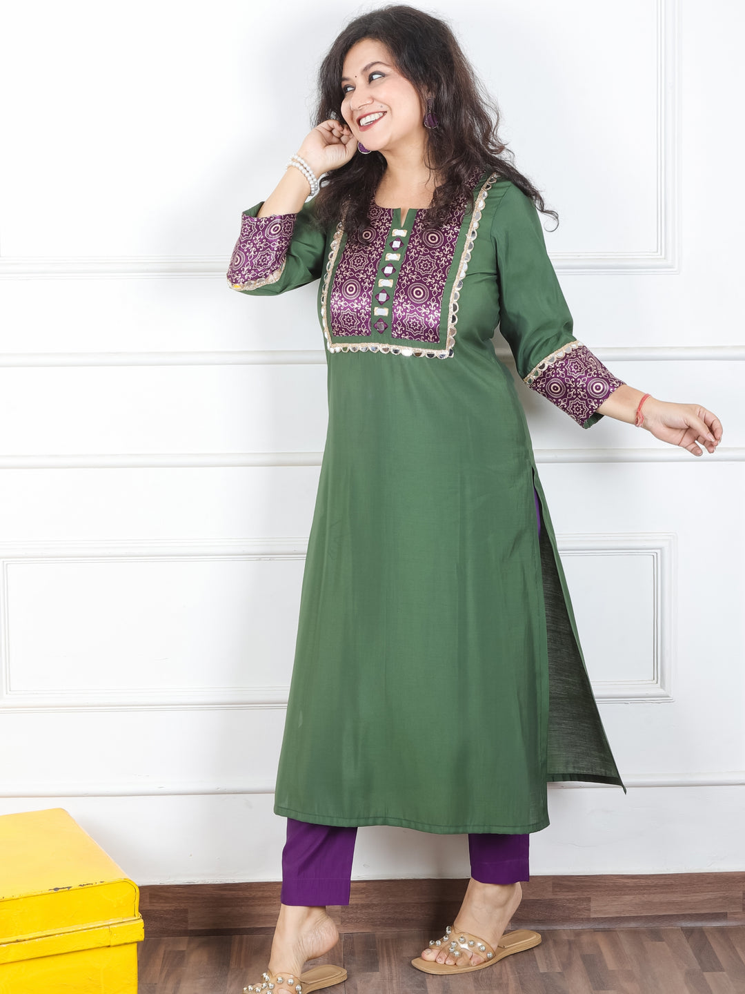Mayuri Dark Green  Mashru Patch Work Neck with Mirror Lace Roman Silk Kurti