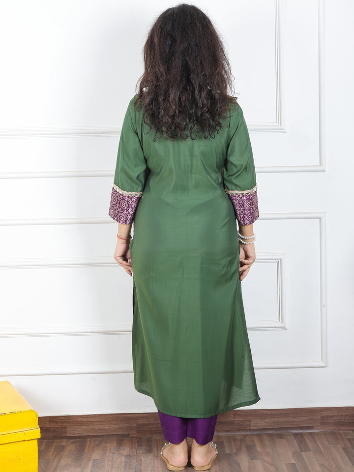 Mayuri Dark Green  Mashru Patch Work Neck with Mirror Lace Roman Silk Kurti