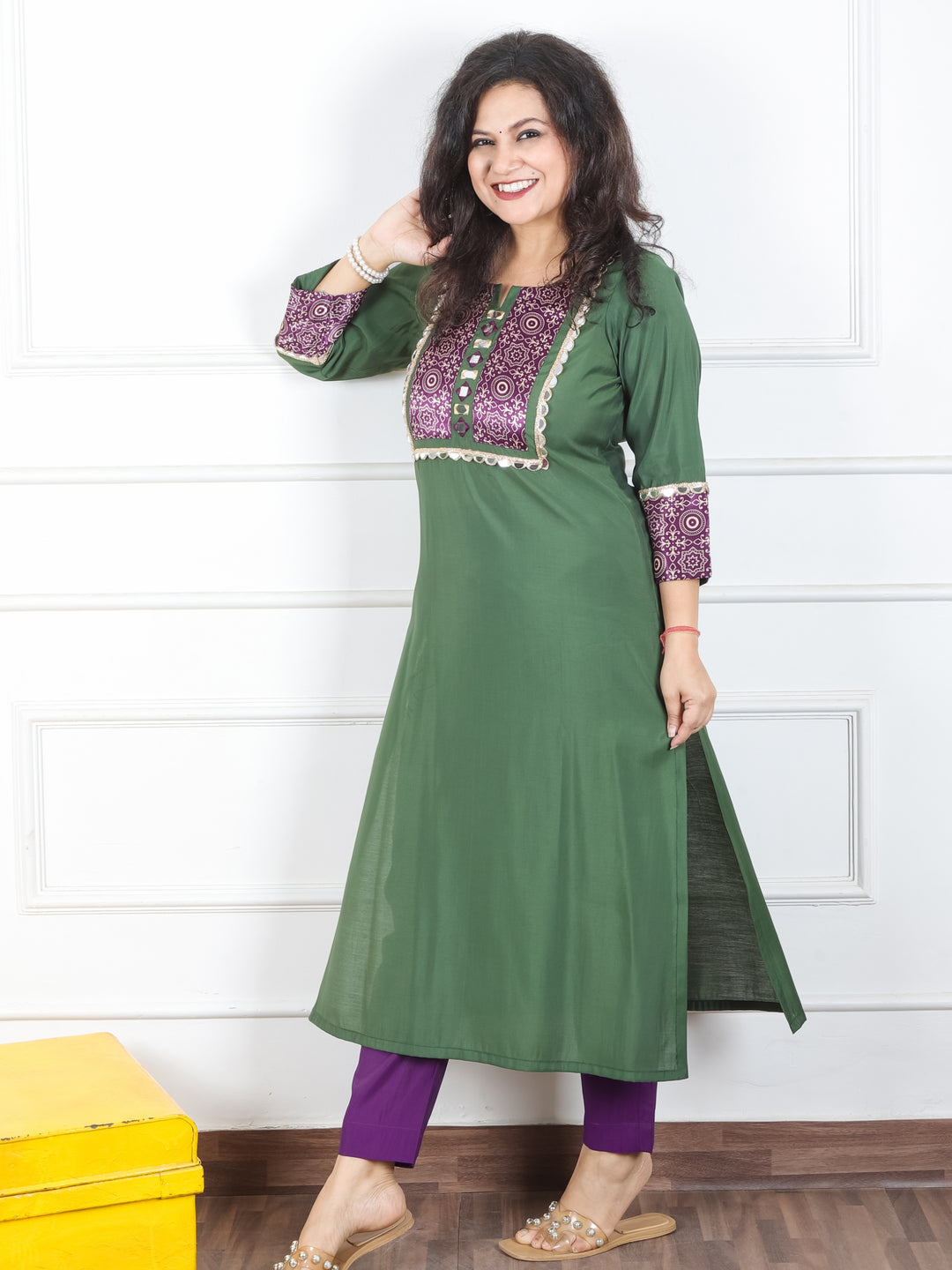 Mayuri Dark Green  Mashru Patch Work Neck with Mirror Lace Roman Silk Kurti