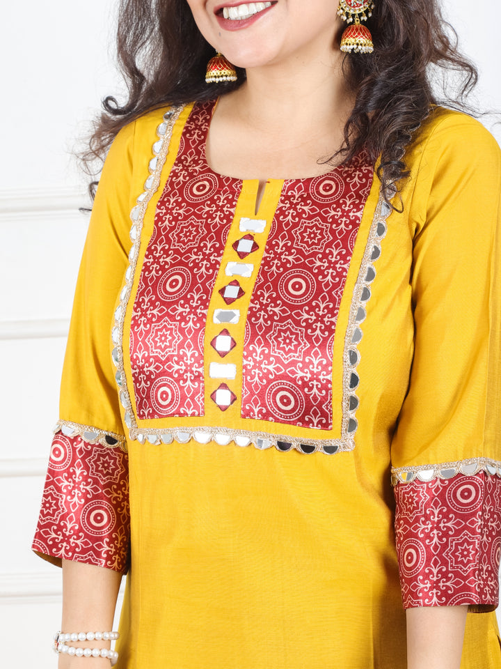 Mayuri Dijon Yellow Mashru Patch Work Neck with Mirror Lace Roman Silk Kurti