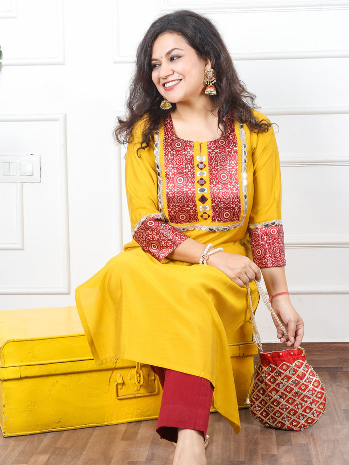 Mayuri Dijon Yellow Mashru Patch Work Neck with Mirror Lace Roman Silk Kurti