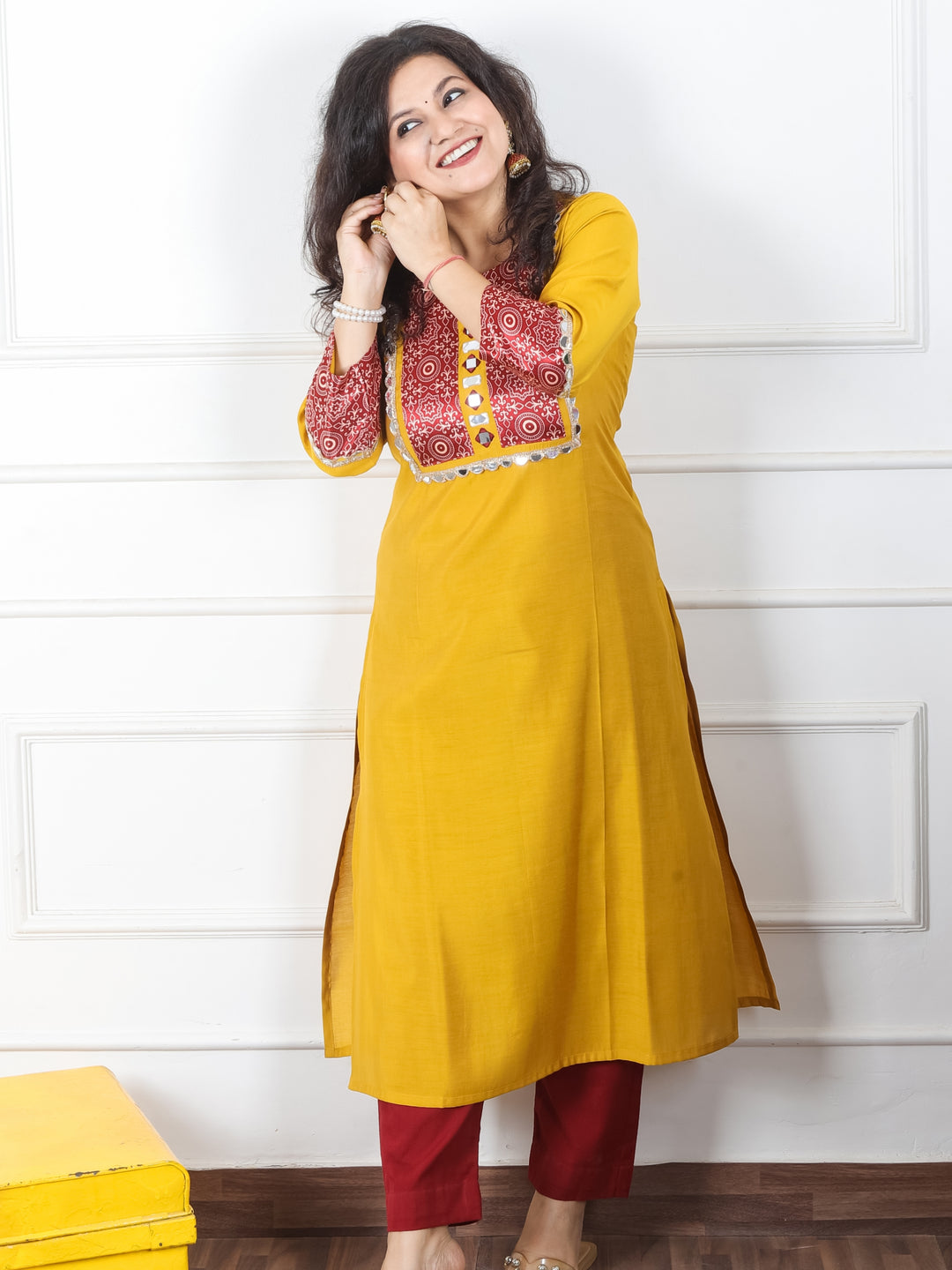 Mayuri Dijon Yellow Mashru Patch Work Neck with Mirror Lace Roman Silk Kurti