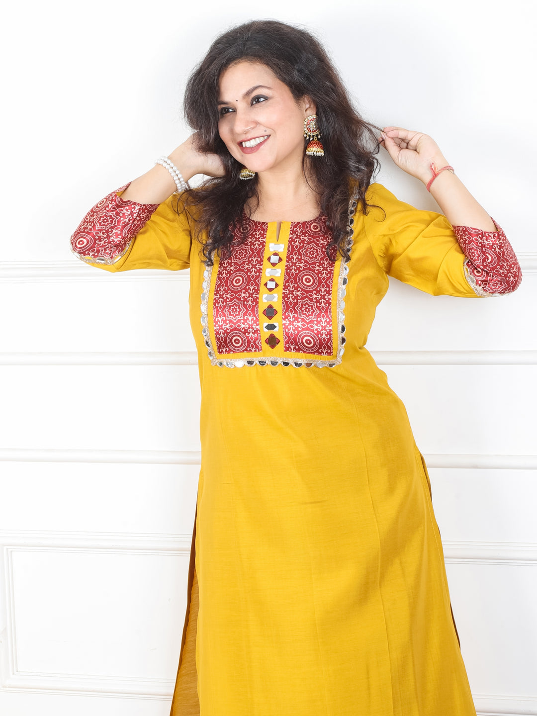 Mayuri Dijon Yellow Mashru Patch Work Neck with Mirror Lace Roman Silk Kurti
